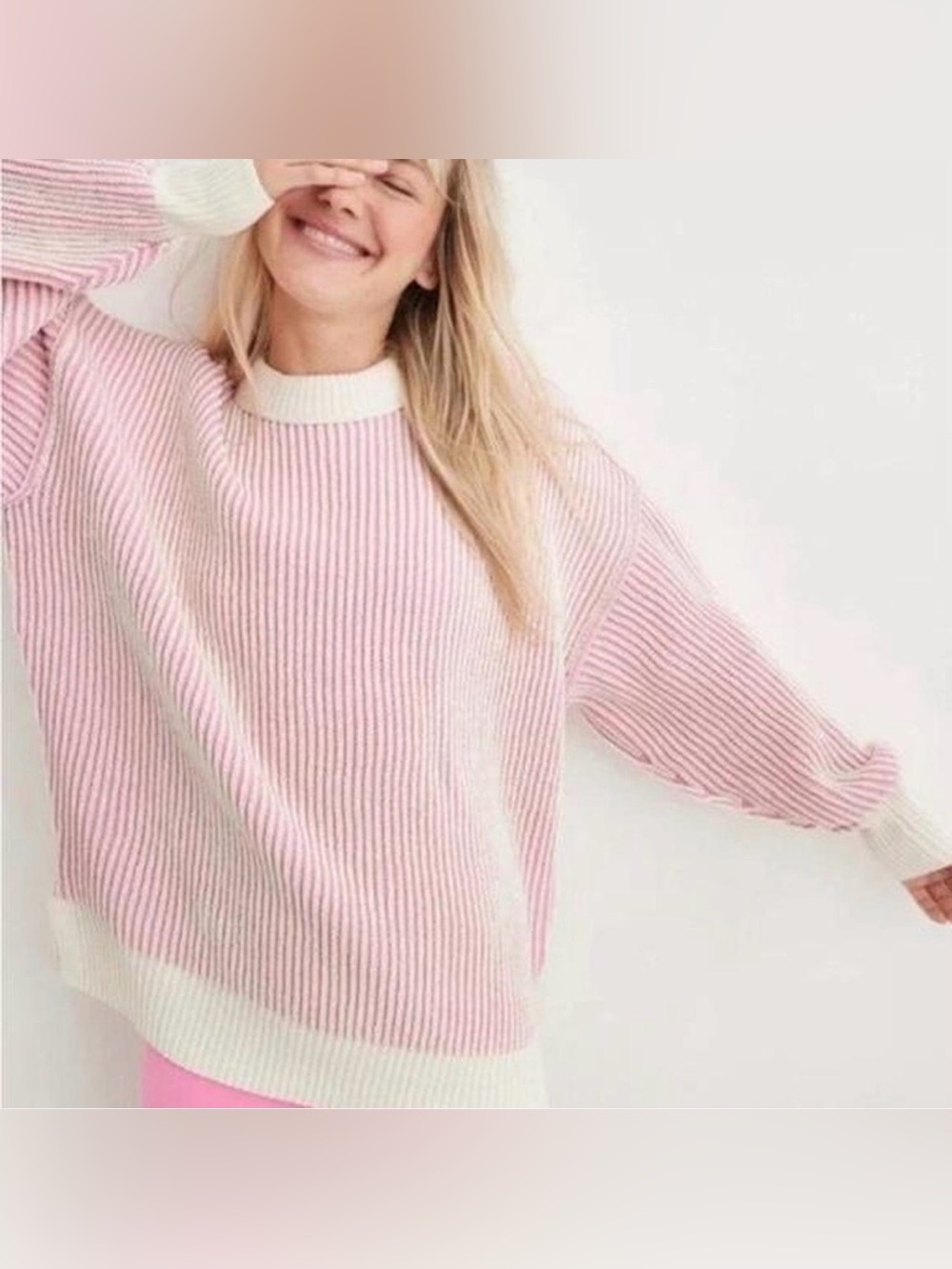 Aerie Beyond Chenille Pink and White Sweater
